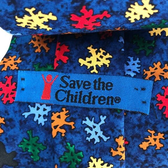 Save The Children Blue White Snowman Frosty Snow Holiday Novelty Silk Neck Tie - Picture 2 of 6